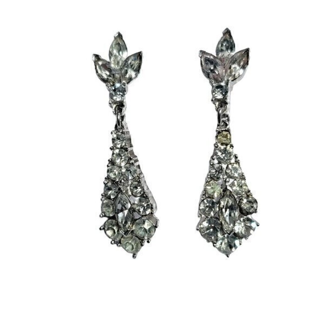 Crown Trifari vintage rhinestone dangle clip earrings